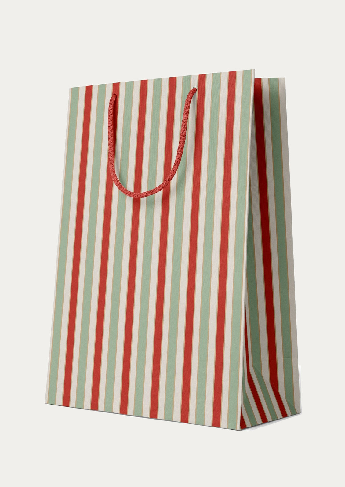 Striped paper bag with red and green vertical stripes on a white background