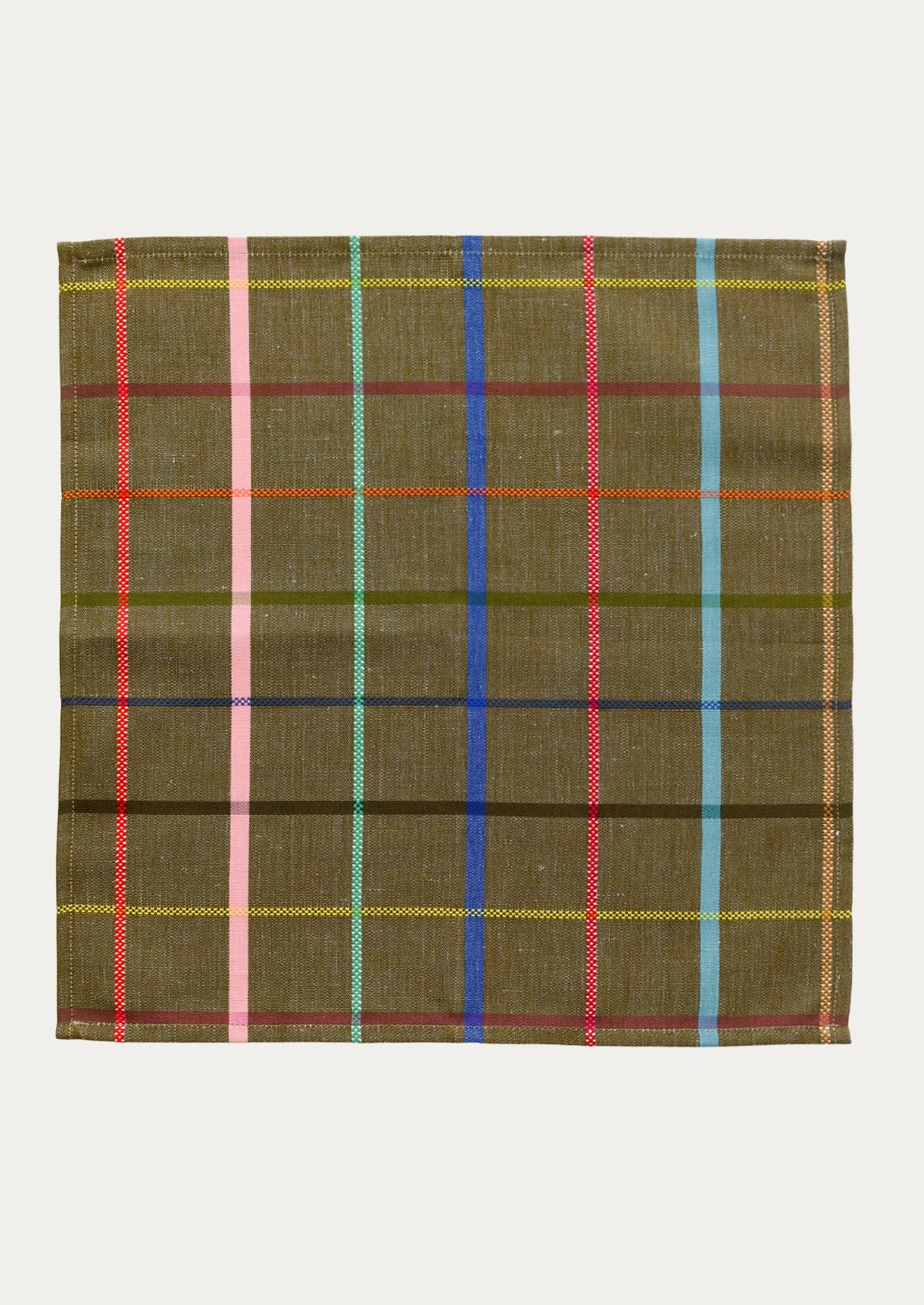 A square woven napkin with an olive brown base and a multicolor plaid pattern featuring vertical stripes in pink, blue, yellow, green, and red, shown flat against a light gray background.