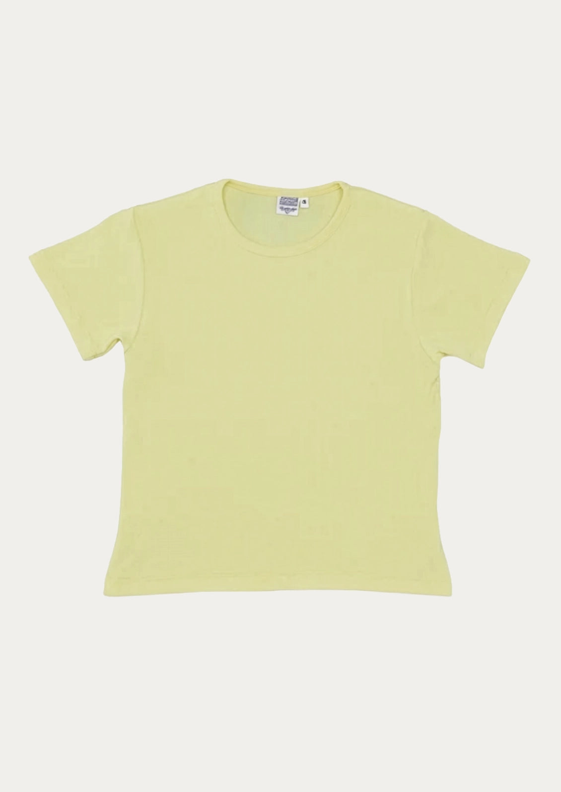 A pale yellow-green crewneck short-sleeve t-shirt laid flat against a light off-white background.