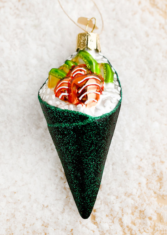 A salmon avocado sushi hand roll glass ornament.
