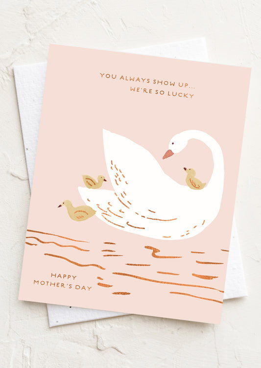 Card with a swan and duck illustration on a pink background