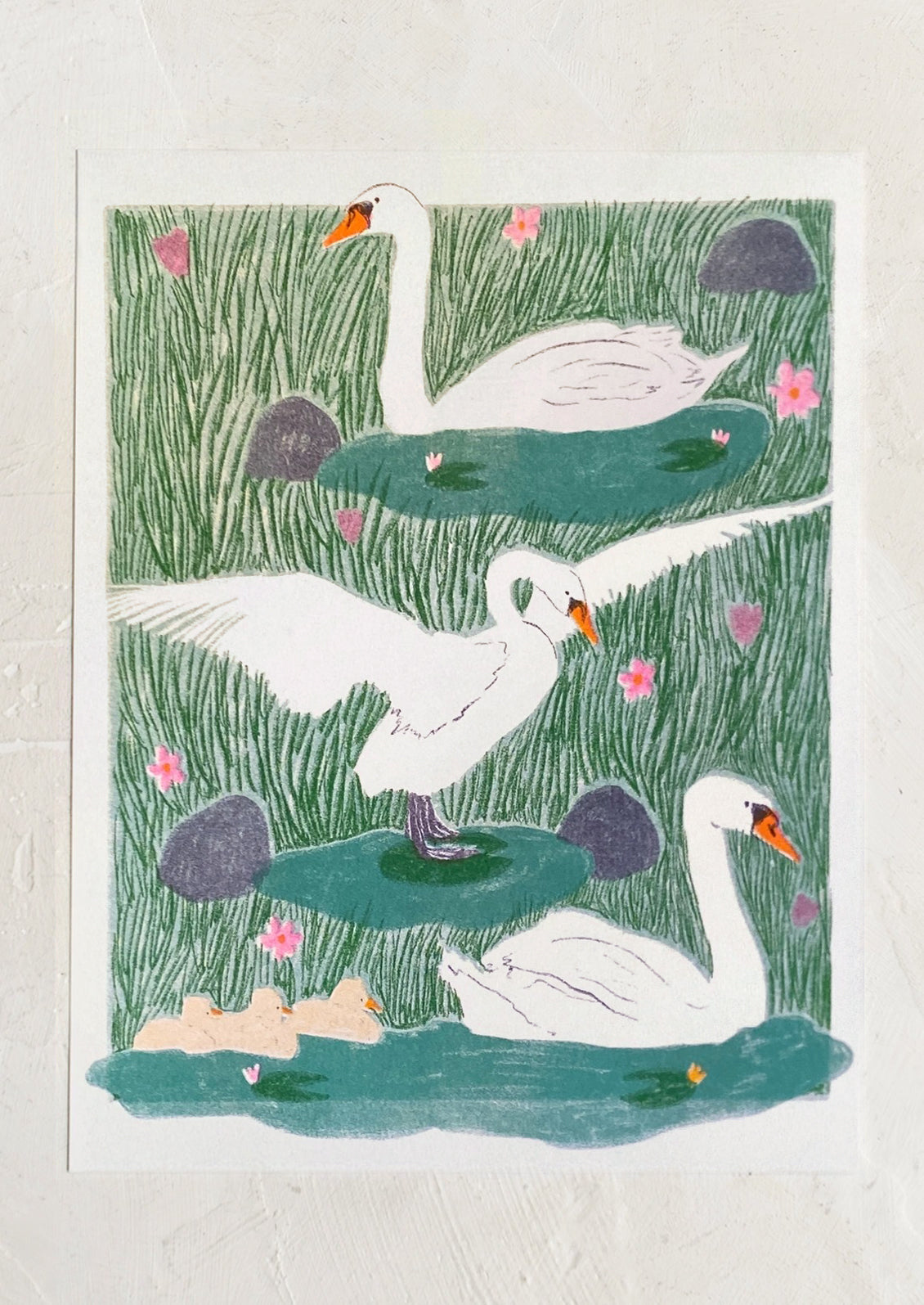 Illustration of swans and cygnets on a pond with greenery and flowers.