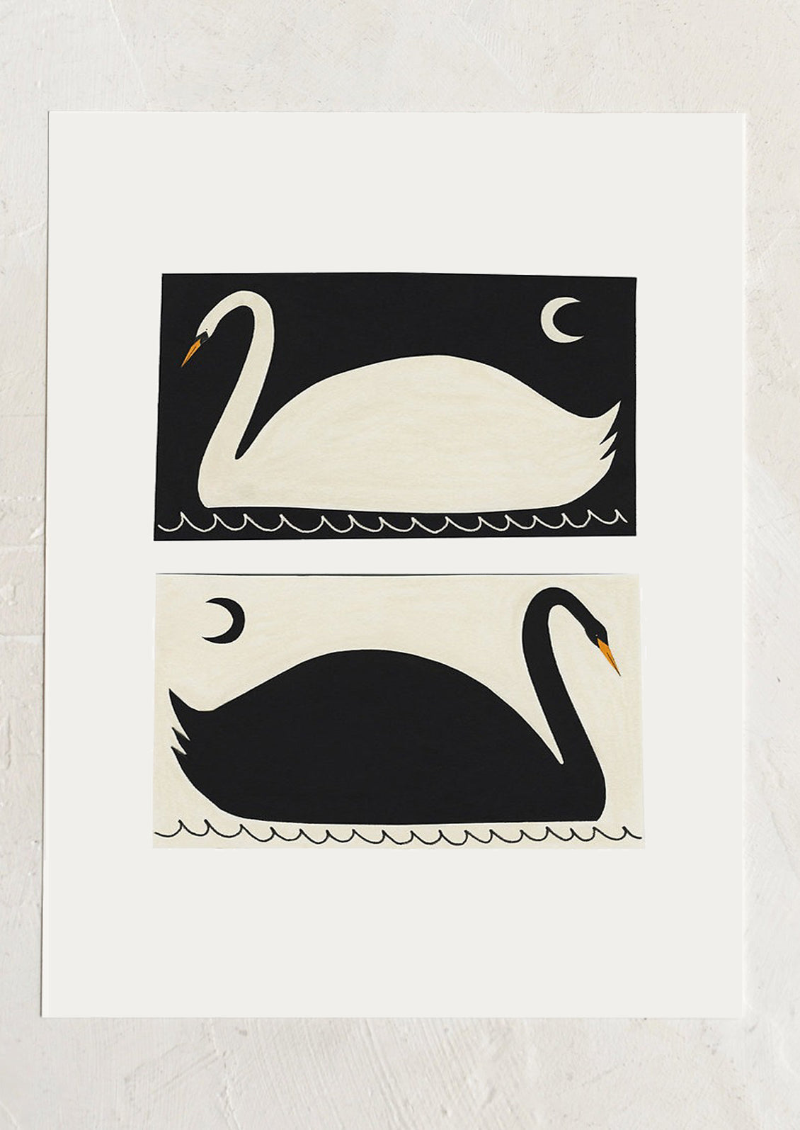 An art print with two stylized illustrations of swans in inverse black and white on a white background.