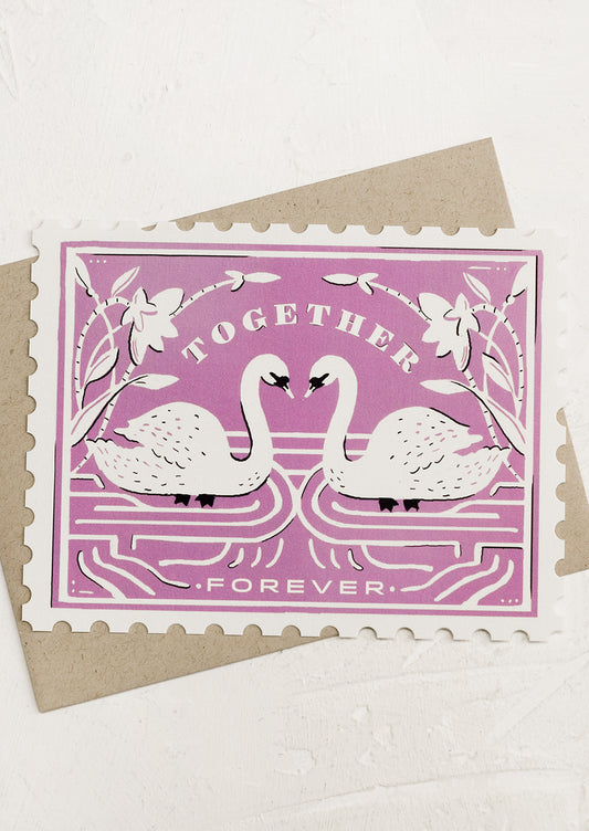 A diecut greeting card in the shape of a postal stamp, reading "Together forever".
