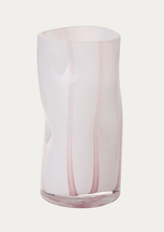 Tall glass vase with pink and white striped pattern.