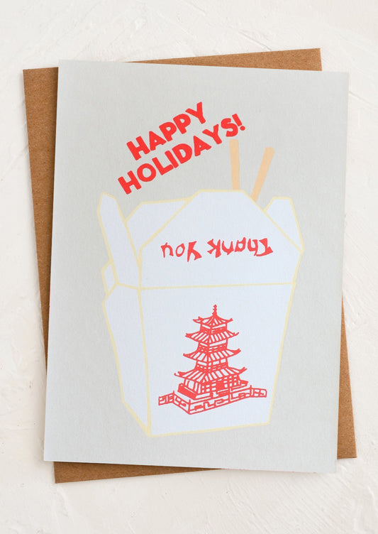 Greeting card with 'Happy Holidays!' text next to illustration of Chinese food takeout container.