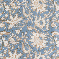French Blue / Brown: A block print tablecloth in sky blue with white and brown floral print.