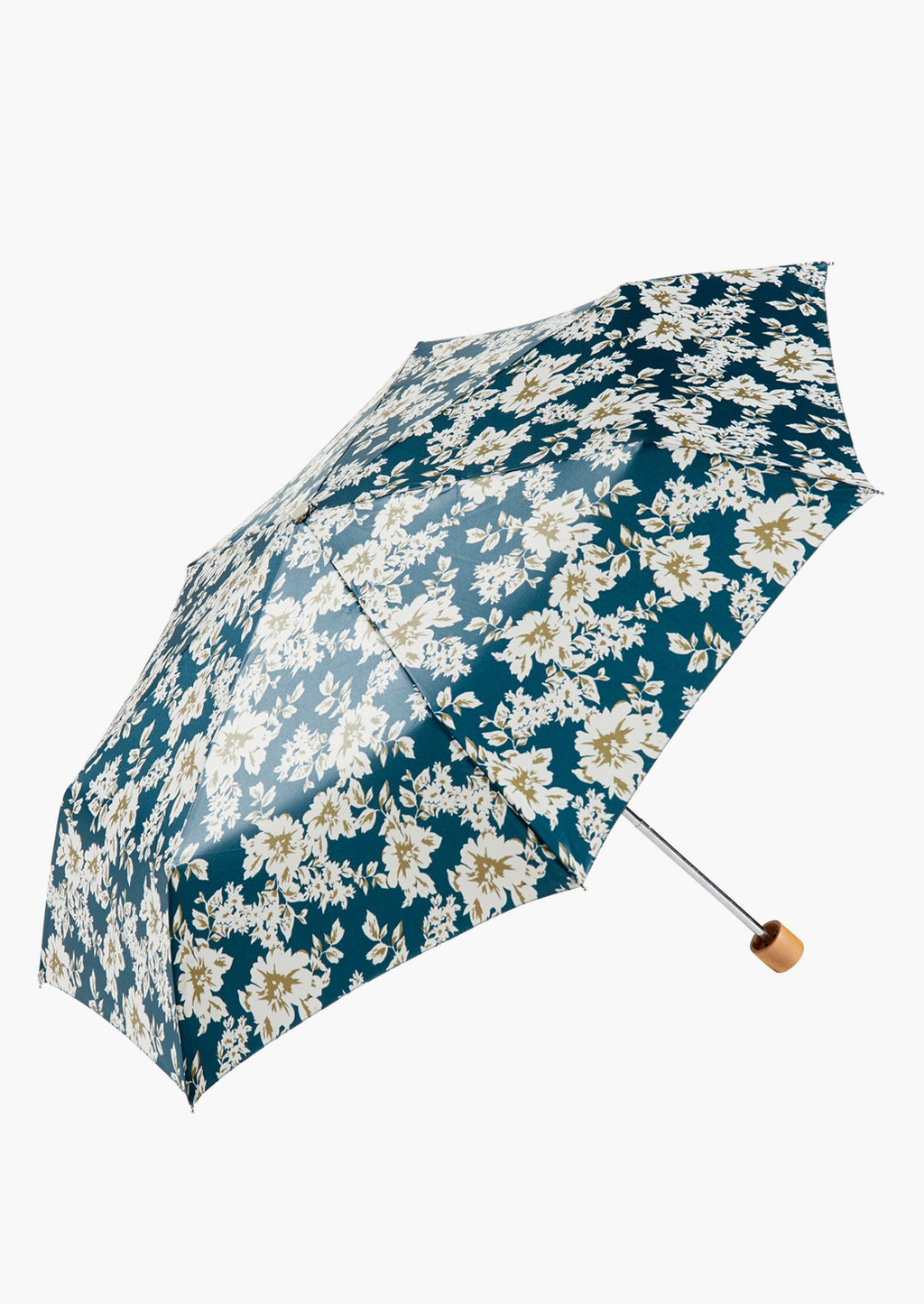Teal / Olive Green: A teal and olive green floral print umbrella.