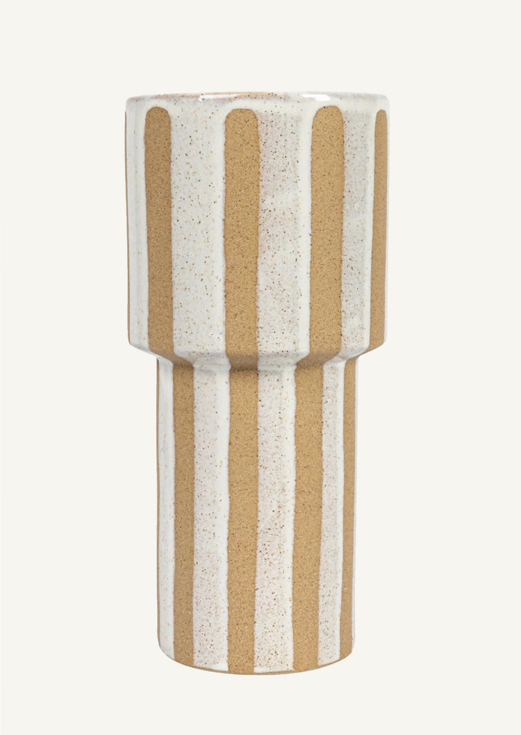 1: A tall sculptural vase with sandy and white vertical stripes.