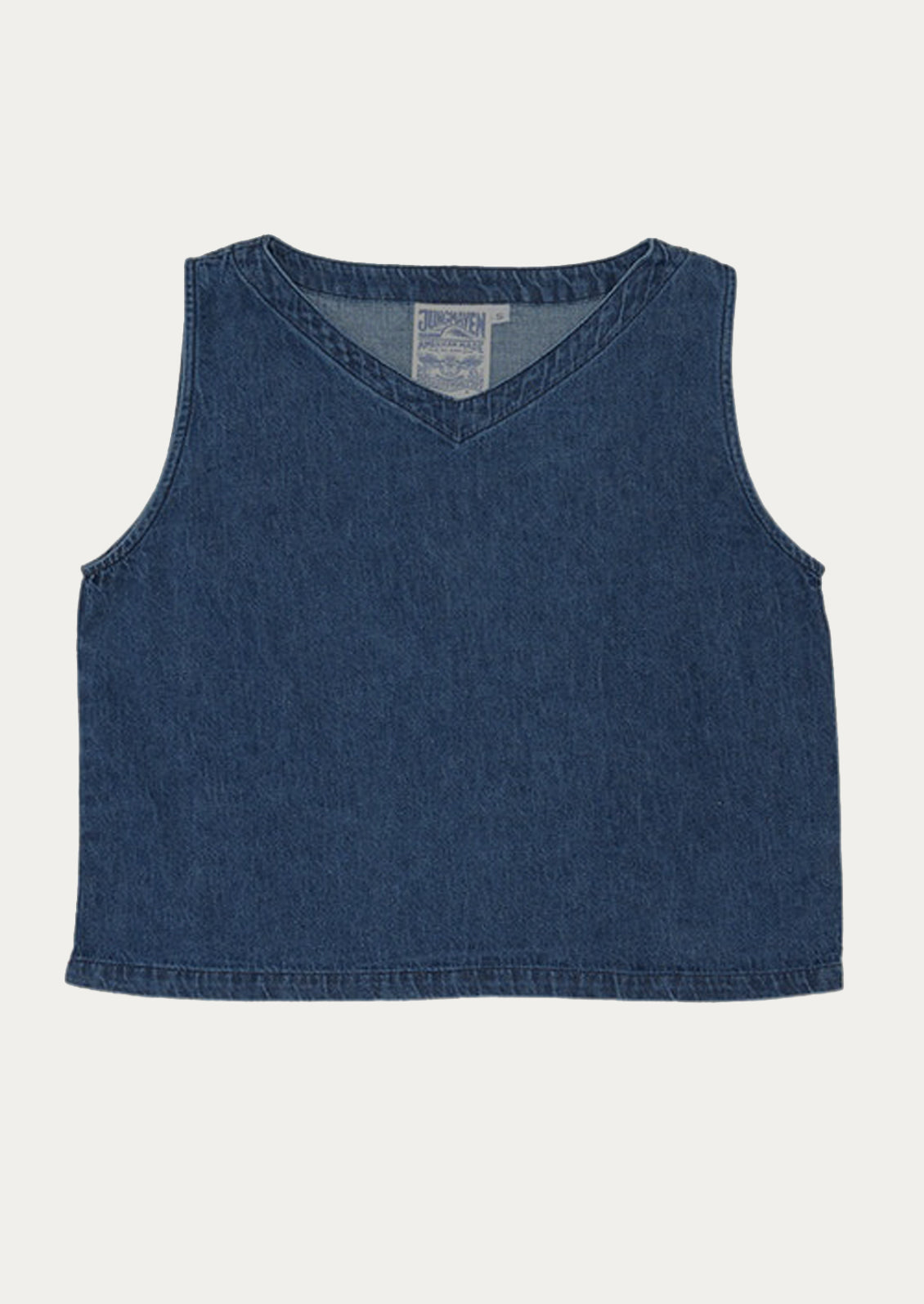 A dark denim blue sleeveless top against a white background