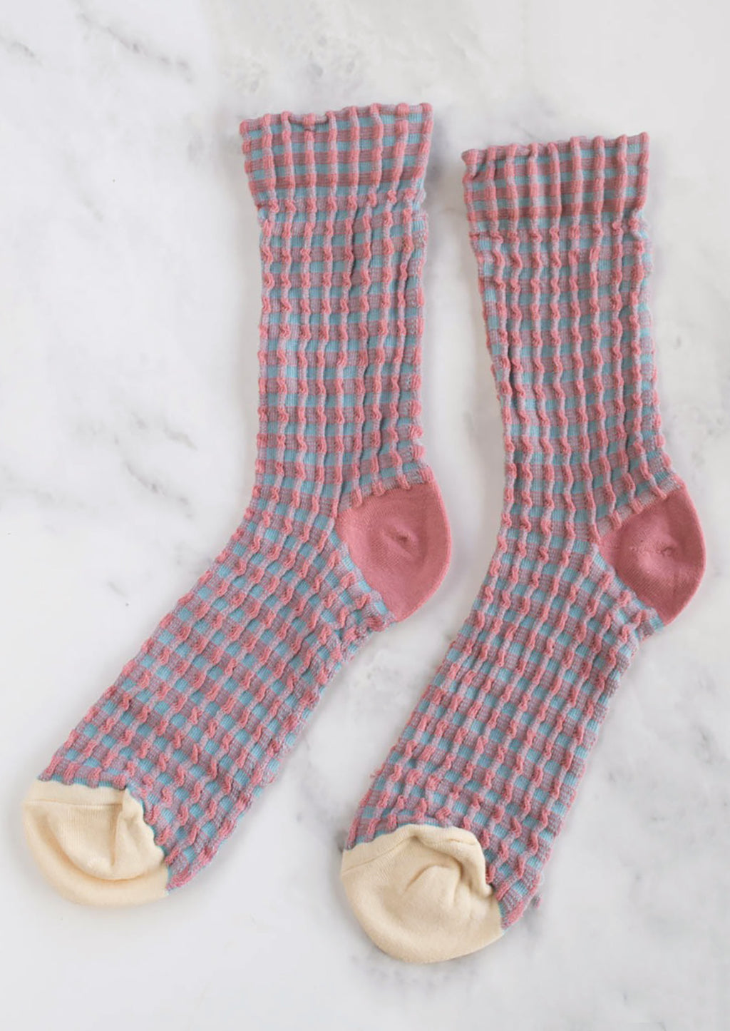 Blue Multi: Pink and blue gingham socks