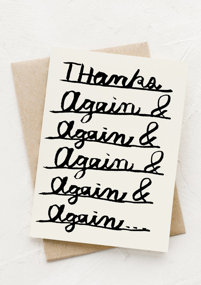 A card reading "Thanks again and again and again".