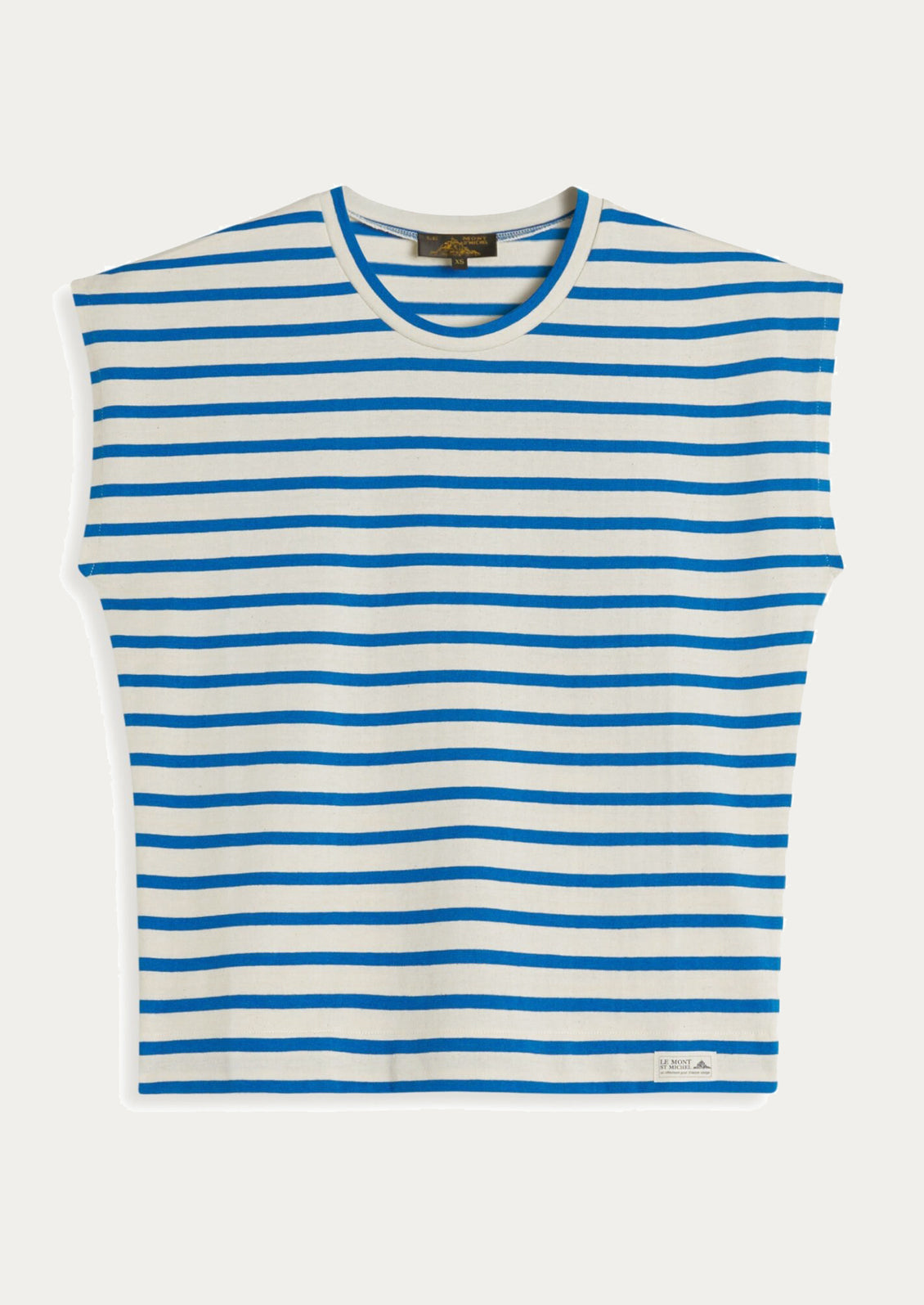 Blue and white striped sleeveless shirt.