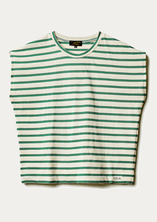 Green and white striped sleeveless shirt.