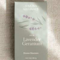 Lavender Geranium: A 2 pack of shower steamers in lavender geranium "calm" scent.