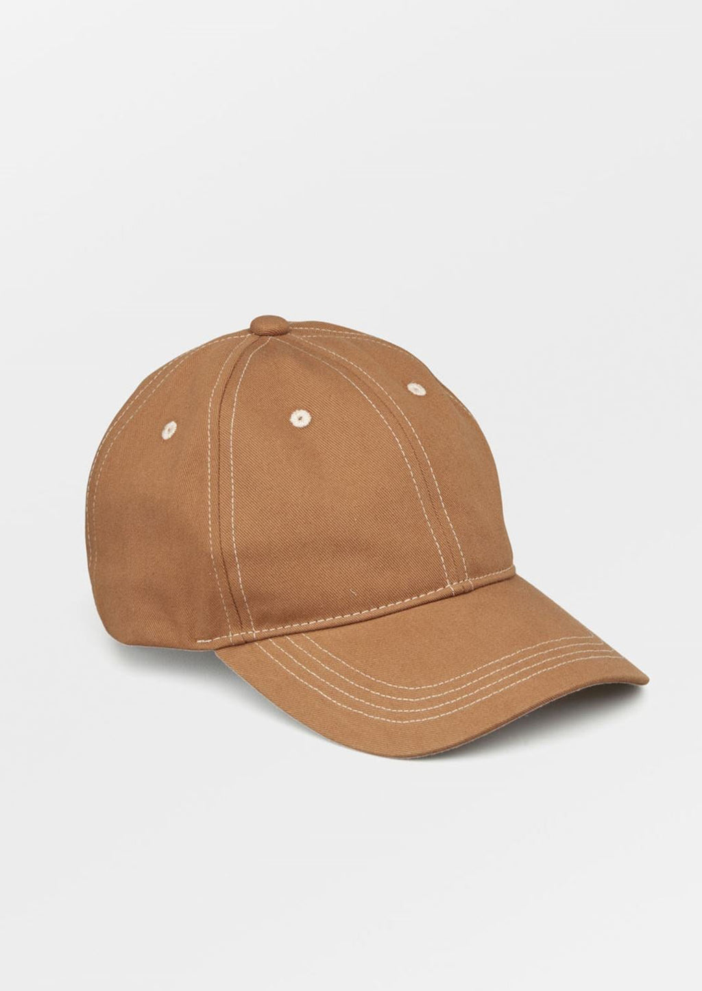 Toffee: A brown color baseball cap with contrast white stitching.