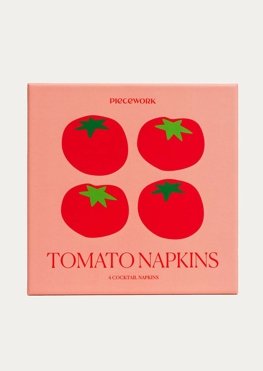 Pack of tomato-themed napkins with 'Piecework' branding on a pink background