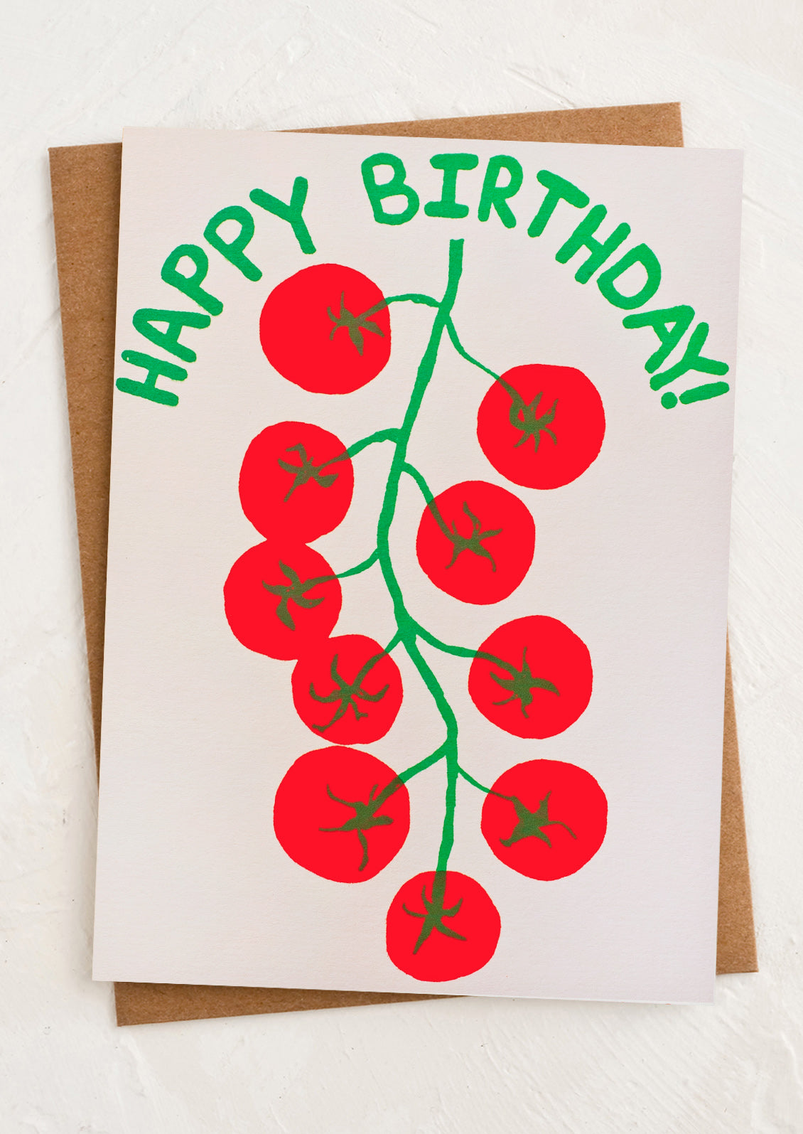 Birthday card with red tomatoes and 'Happy Birthday!' text on a white background