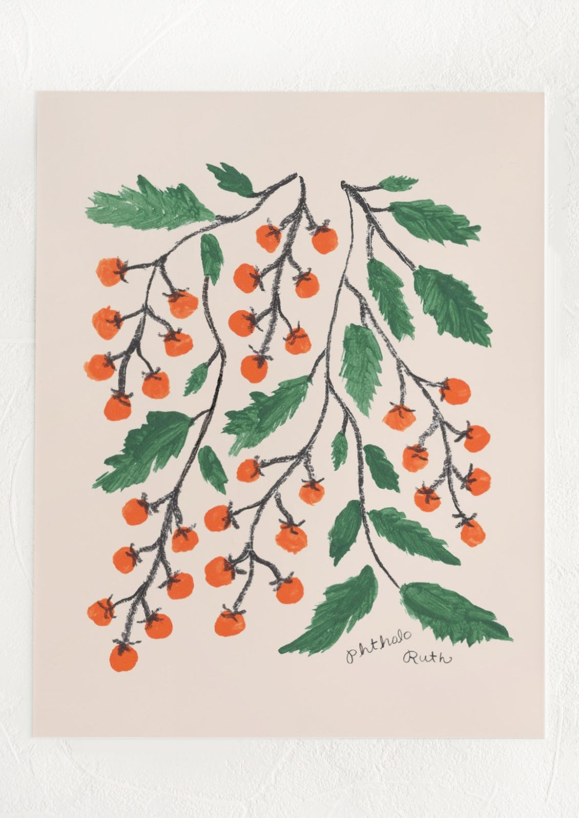 Illustration of a branch with green leaves and orange tomatoes on a beige background