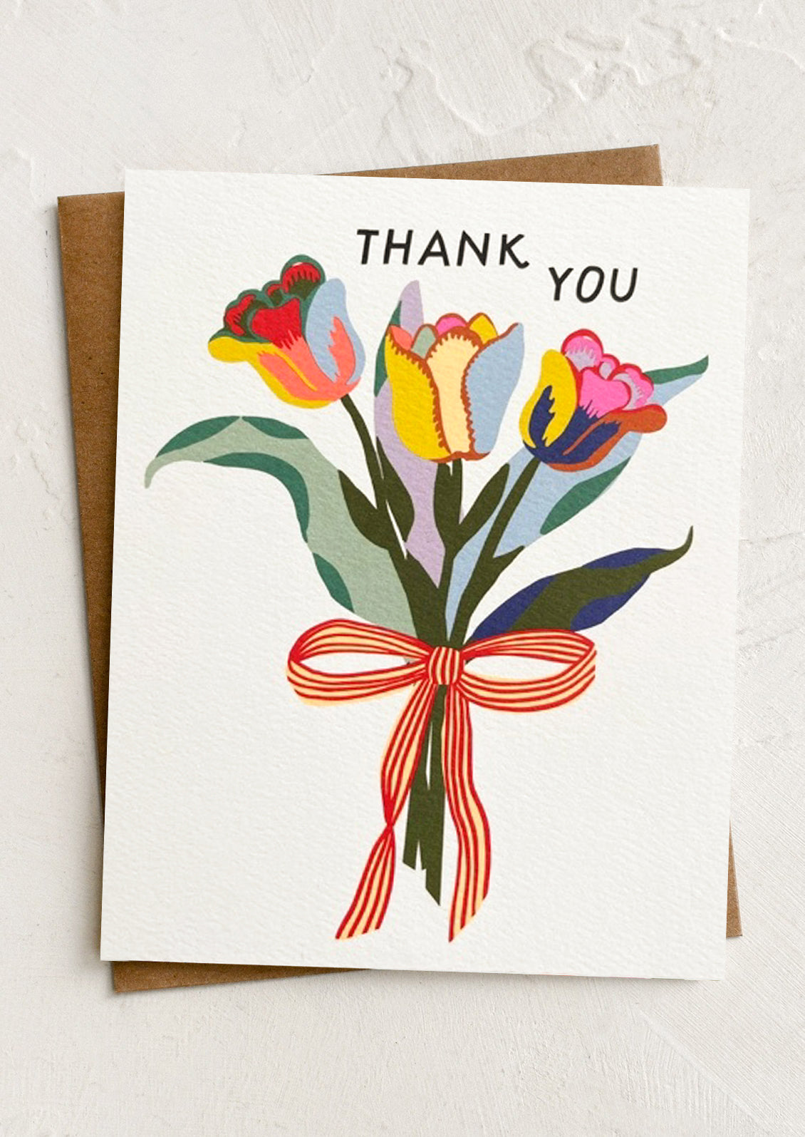 Card with colorful tulip bouquet illustration and 'Thank You' text on a white background
