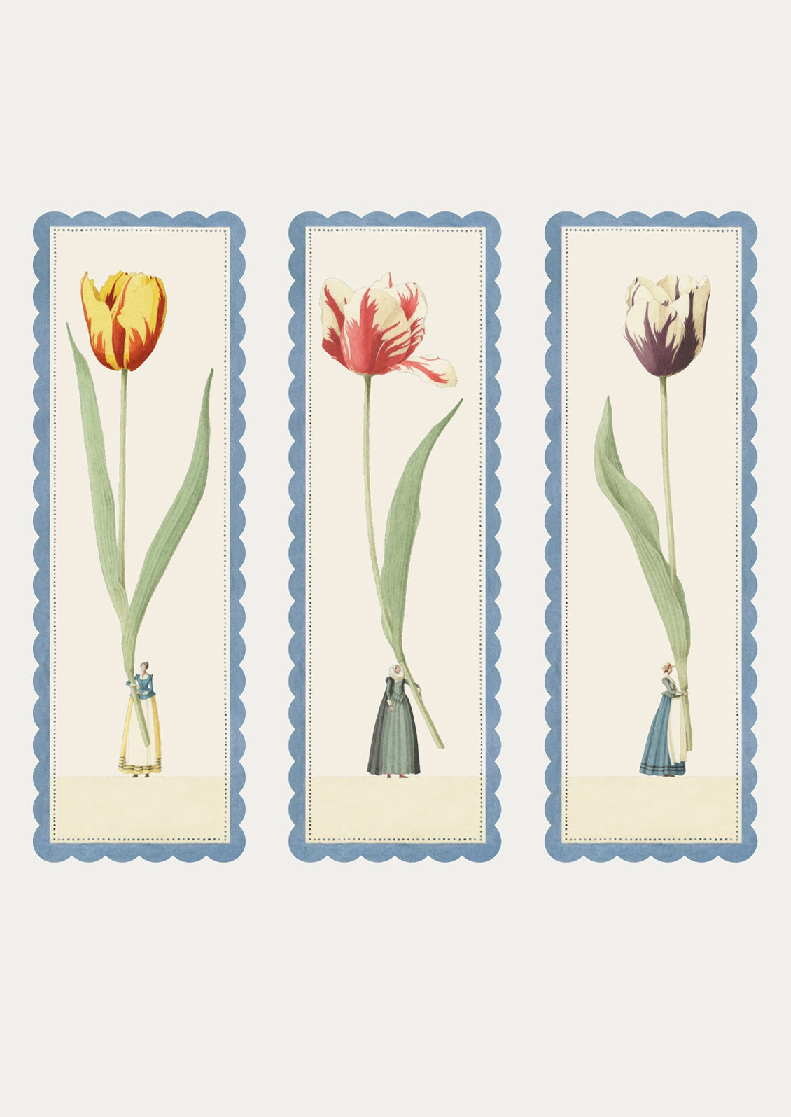 Three floral bookmarks with tulips on a light blue background