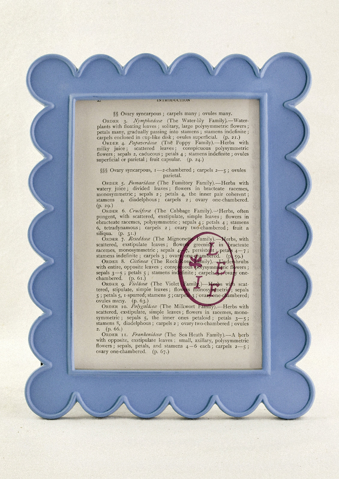 A powder blue 5" x 7" picture frame with a scalloped design.