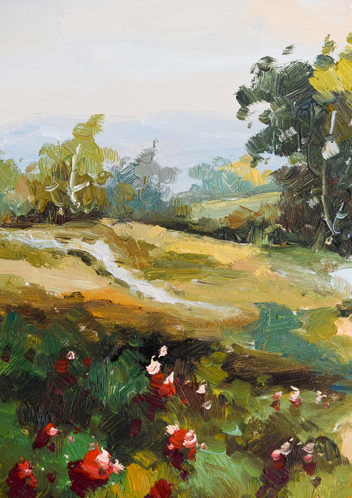 2: A framed original oil landscape painting depicting a path through a countryside setting.