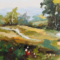 2: A framed original oil landscape painting depicting a path through a countryside setting.