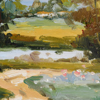 3: A framed original oil landscape painting depicting a path through a countryside setting.