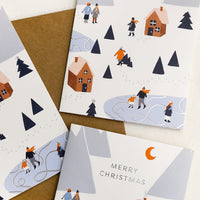 1: A set of holiday cards with image of snowy hill and text reading "Merry christmas".