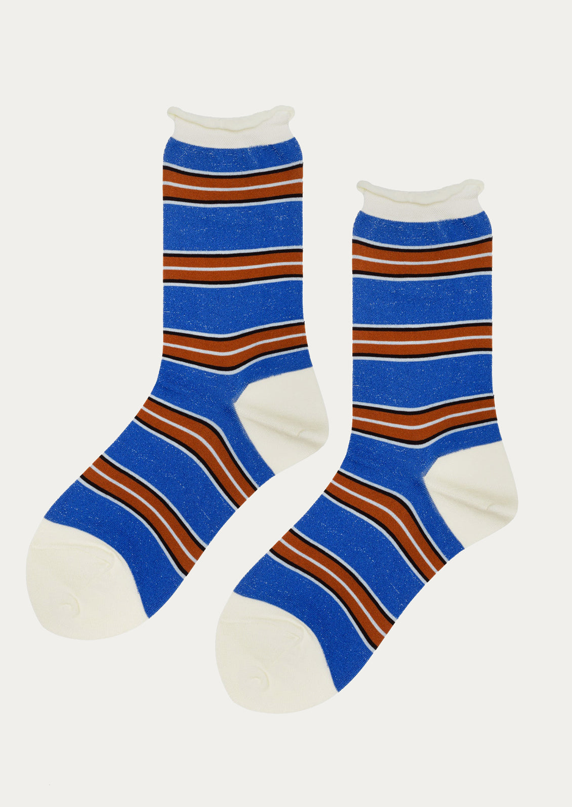 Pair of blue and brown striped socks on a white background