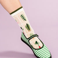 4: Sheer white nylon socks with multicolor veggie print.