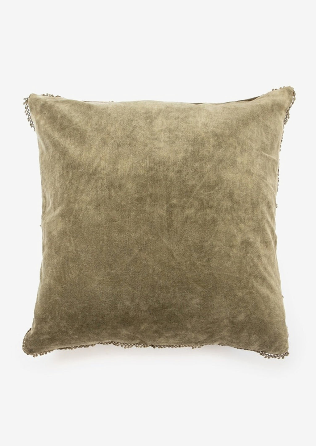 Olive: A velvet throw pillow with pom pom trim in olive color.