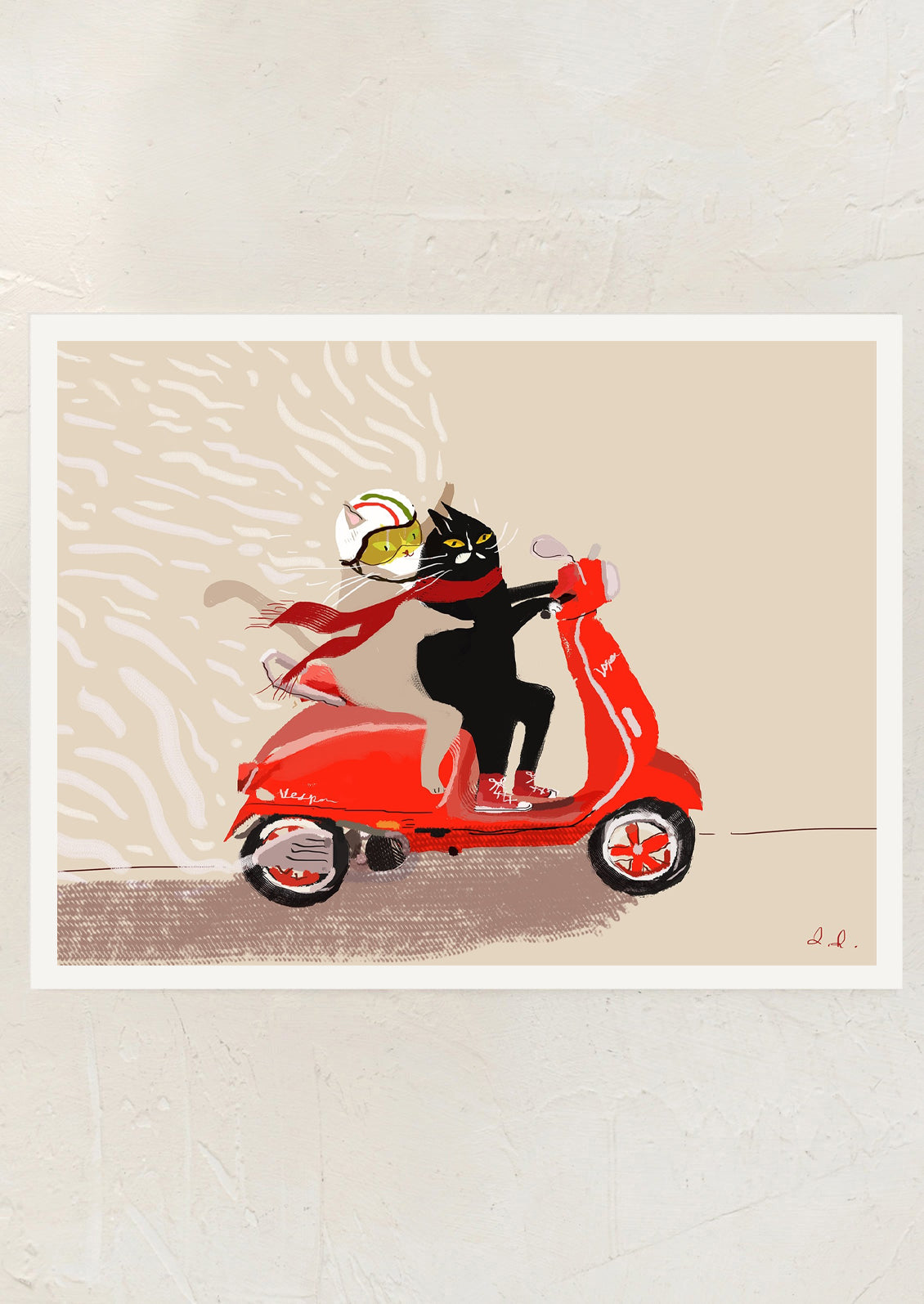 An art print of an illustration of two cats riding a red vespa.