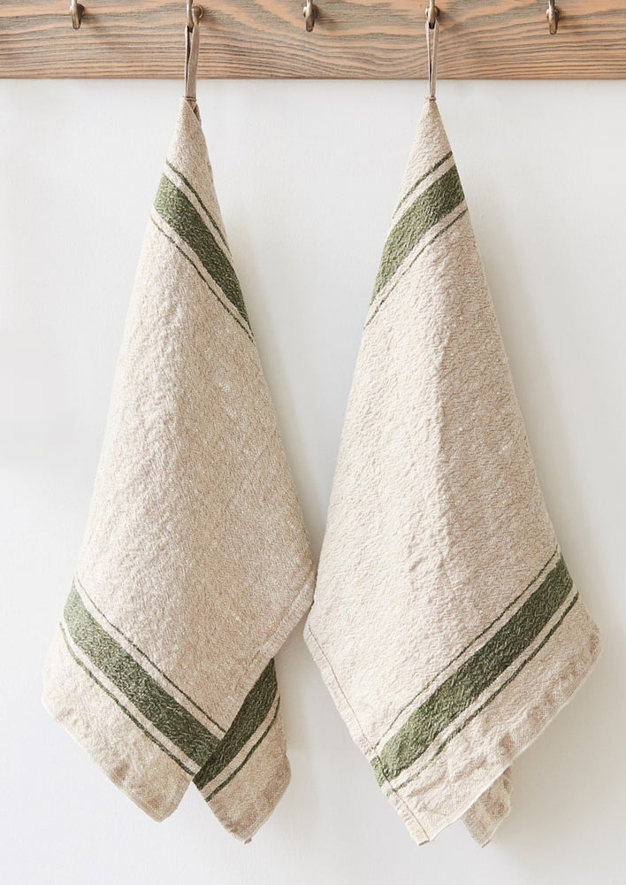 Vintage linen tea towels with olive green stripe.