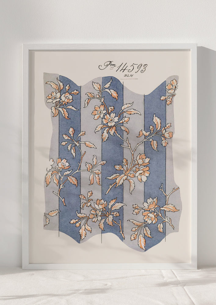 An antique inspired print with floral wallpaper design, in white frame.