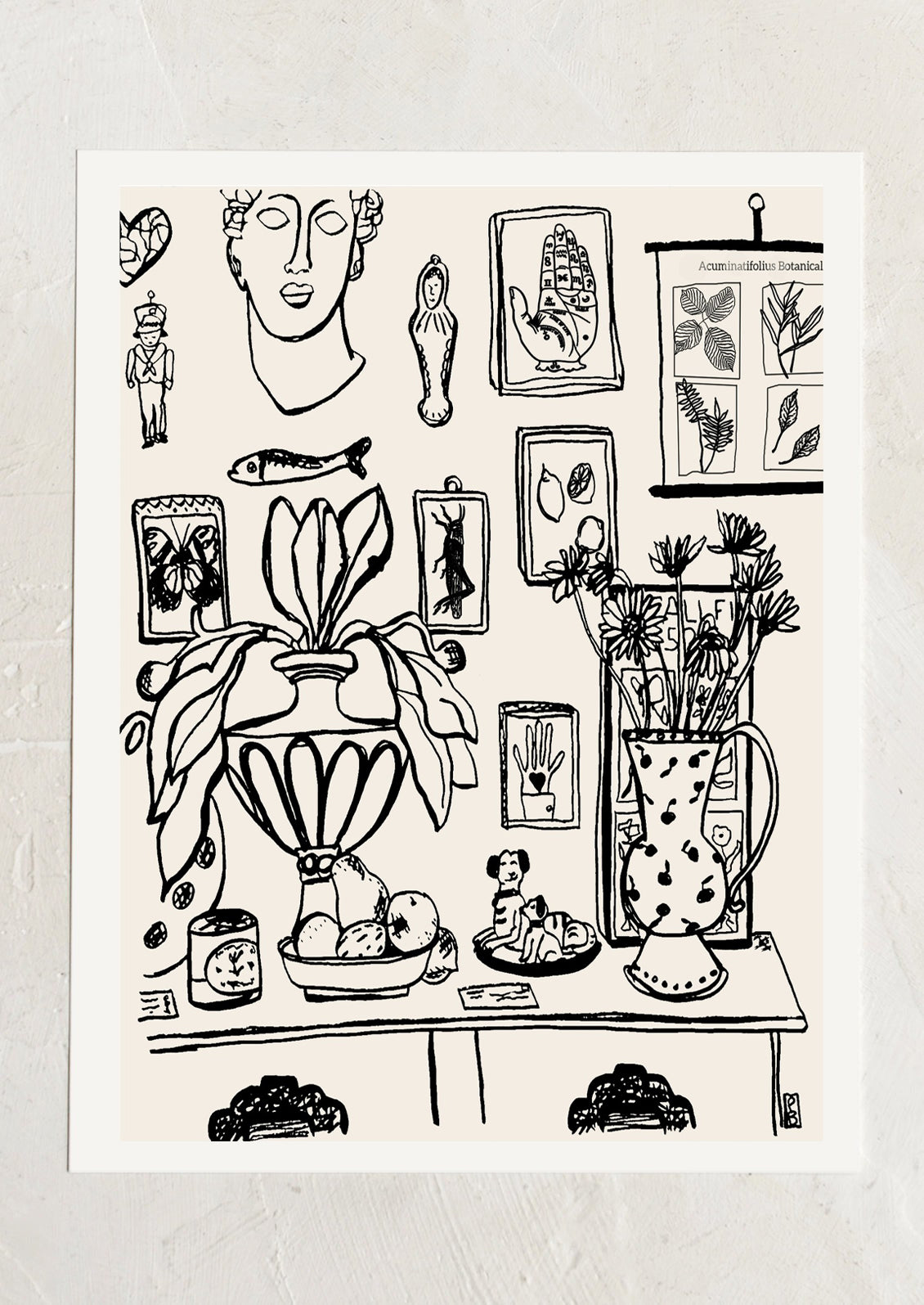 An art print in black and white with illustration of a wall full of unique trinkets.