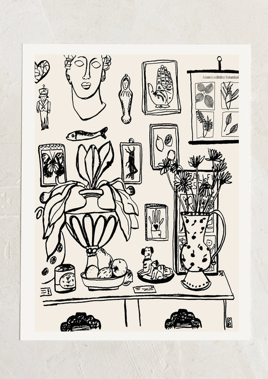 An art print in black and white with illustration of a wall full of unique trinkets.