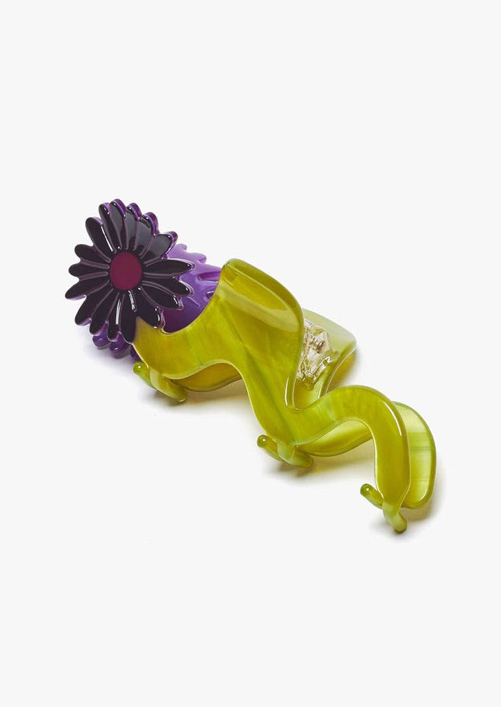3: A wavy green hair claw with purple flower.
