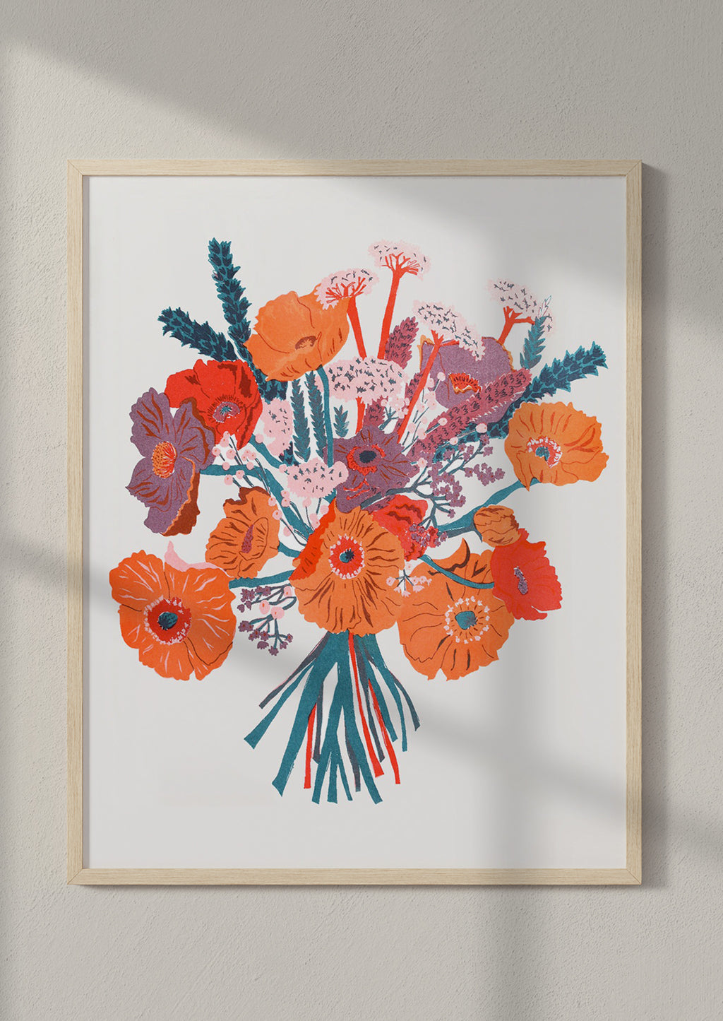 2: A risograph print with orange and red bouquet in wood frame.
