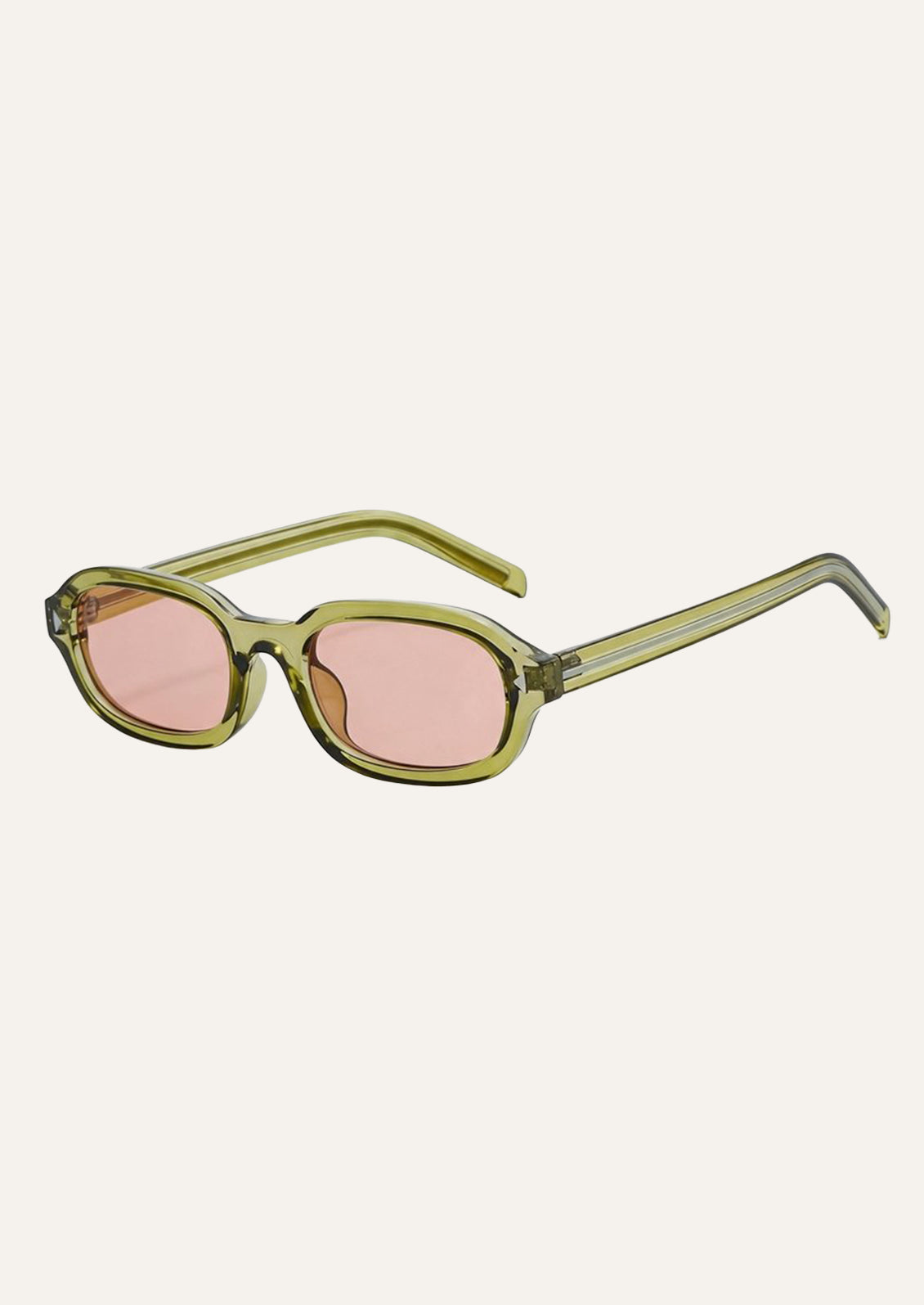 A pair of square sunglasses with a green frame and pink lenses.