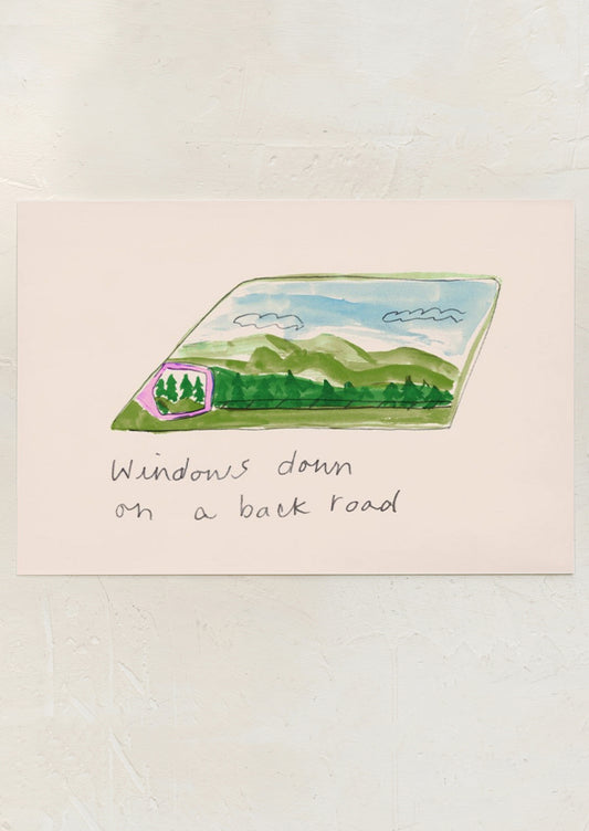 Illustration of views out of a car window.