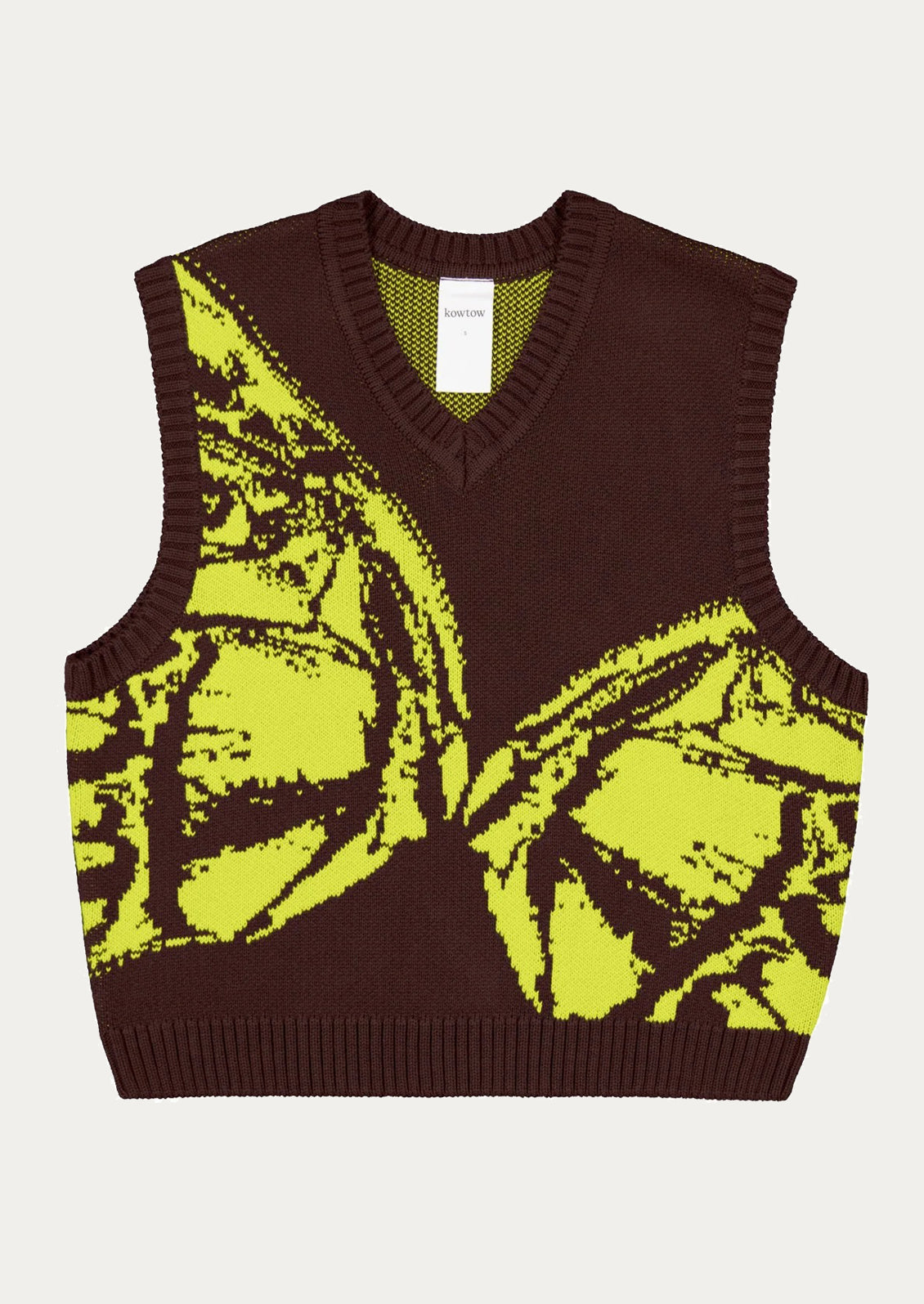Brown sweater vest with bright yellow butterfly pattern on a white background