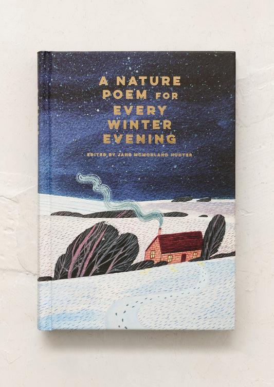 Book titled 'A Nature Poem for Every Winter Evening' with a snowy landscape illustration on the cover.