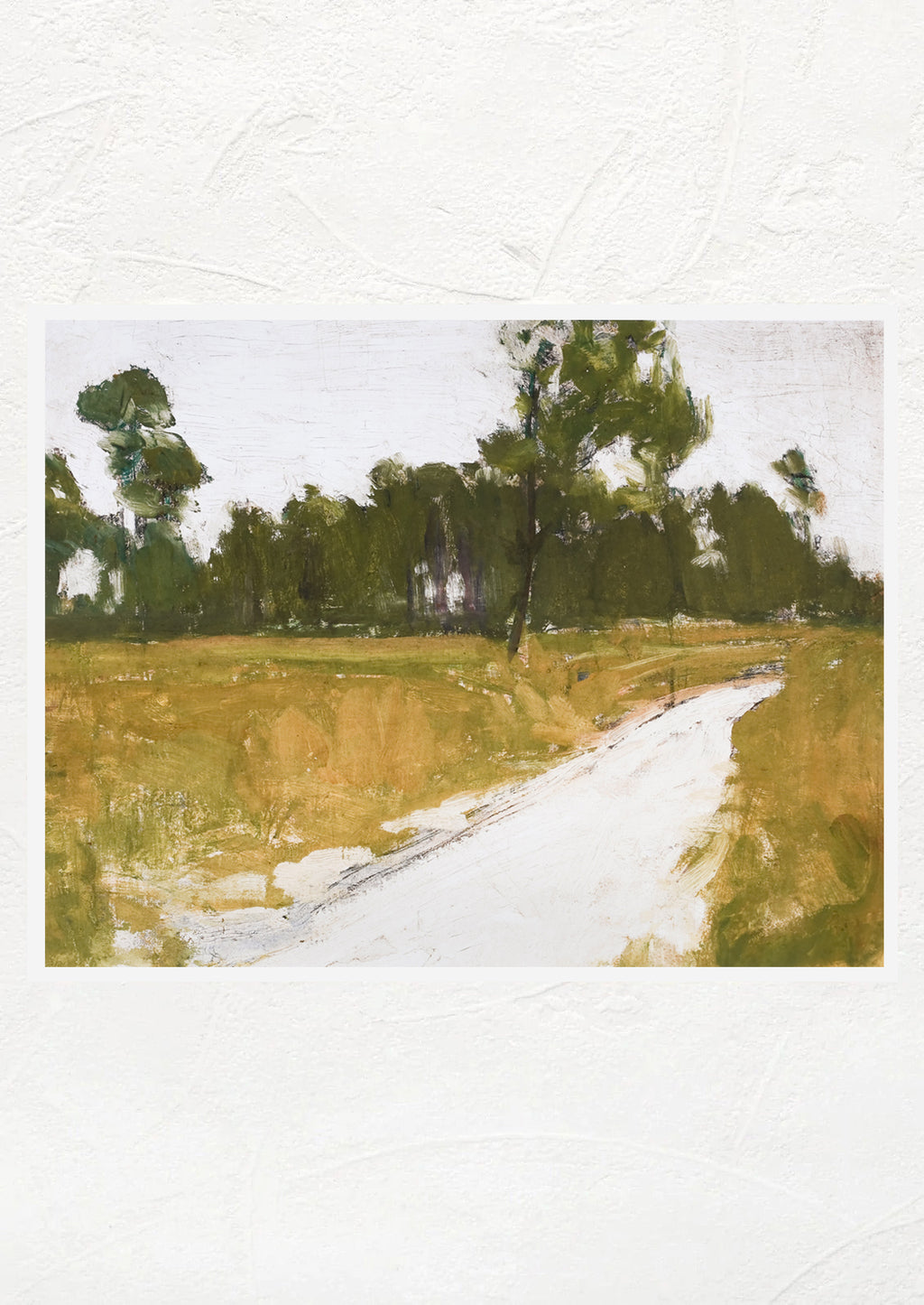1: An art print of painting of road along the woods.