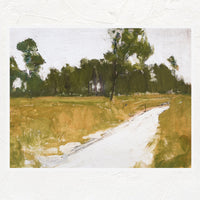 1: An art print of painting of road along the woods.