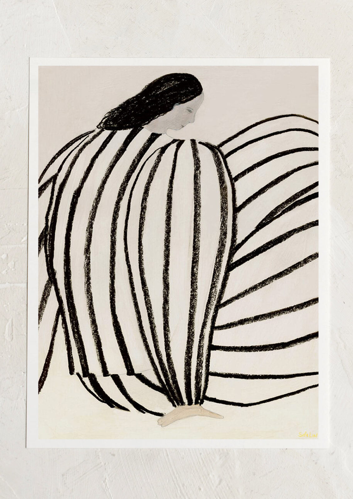 A figural art print of a woman wearing a black and white striped outfit.