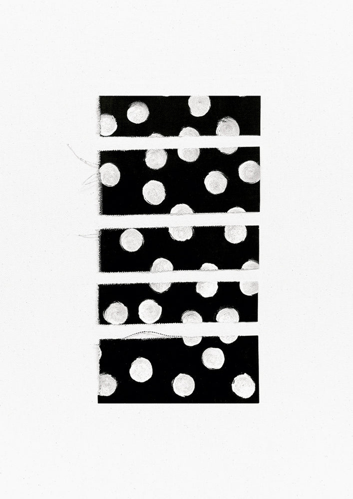 A white canvas with a five horizontal black rectangles with white polkadots stacked vertically at its center.