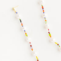 2: Long, dangly post back earrings made from a colorful mix of glass, gemstone & white pearl beads
