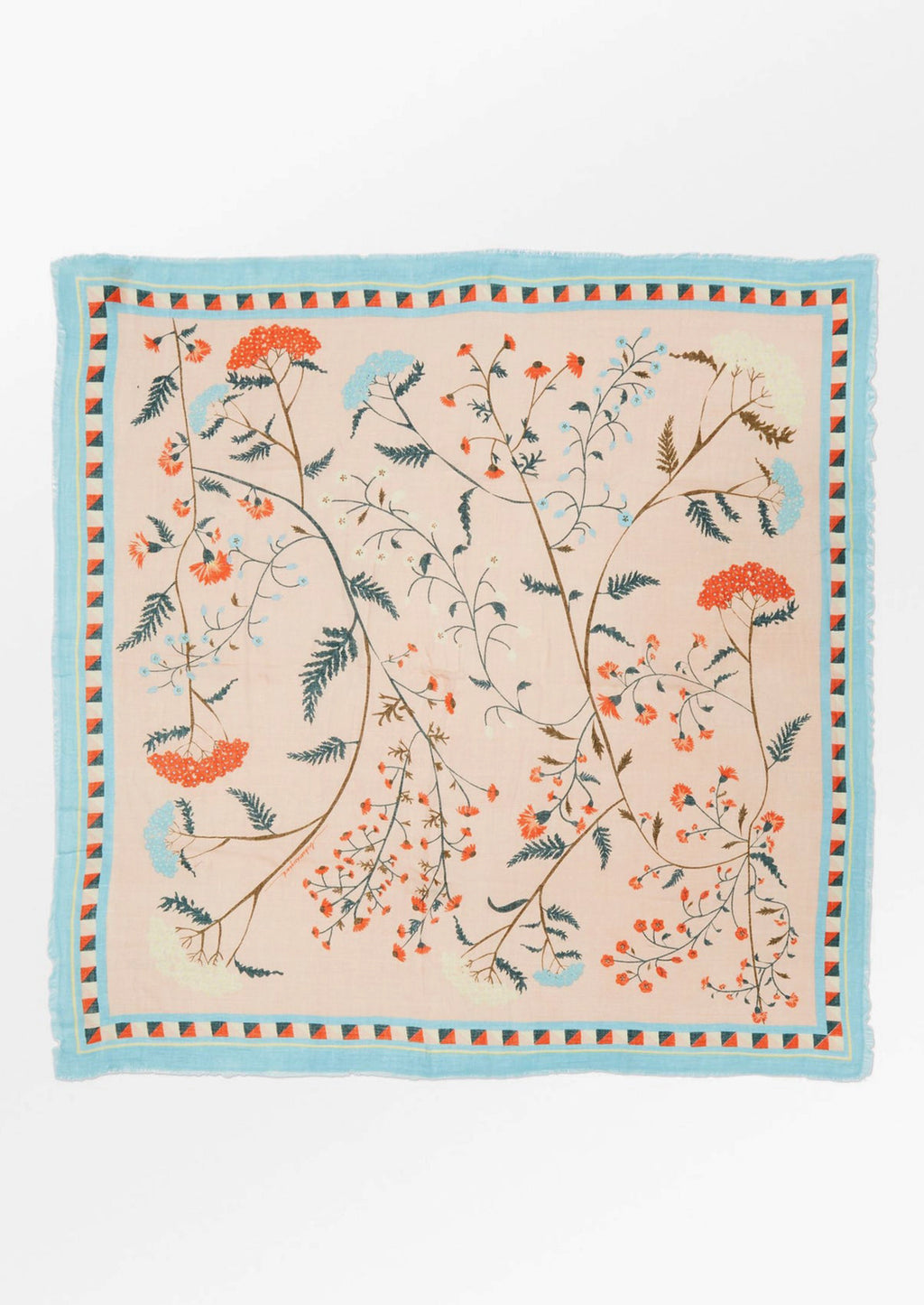 1: A square scarf with blue border and orange and blue wildflower print.